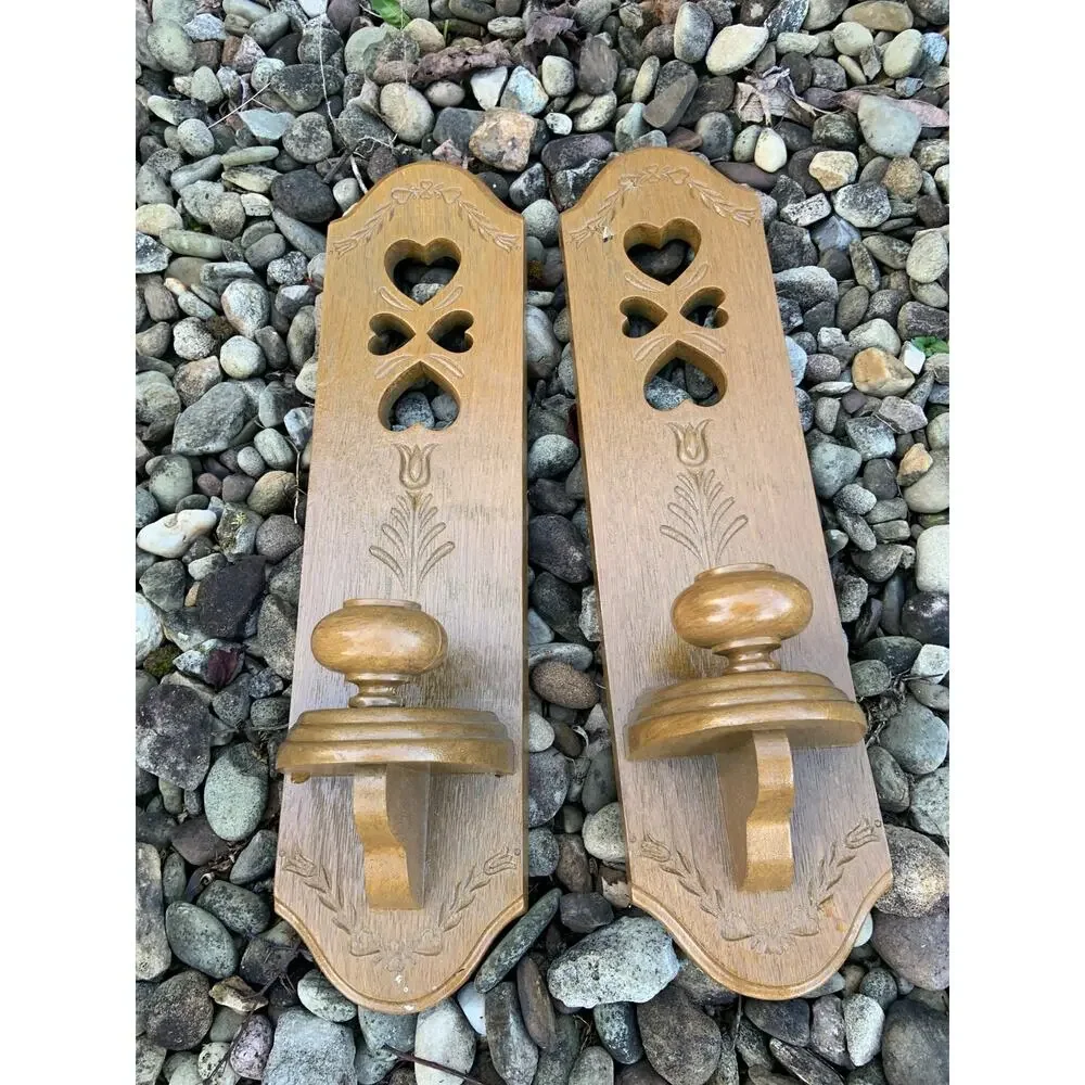 Vintage 1980s Burwood Heart Cutout & Tulip Flower Faux Wood Wall Sconces 15
